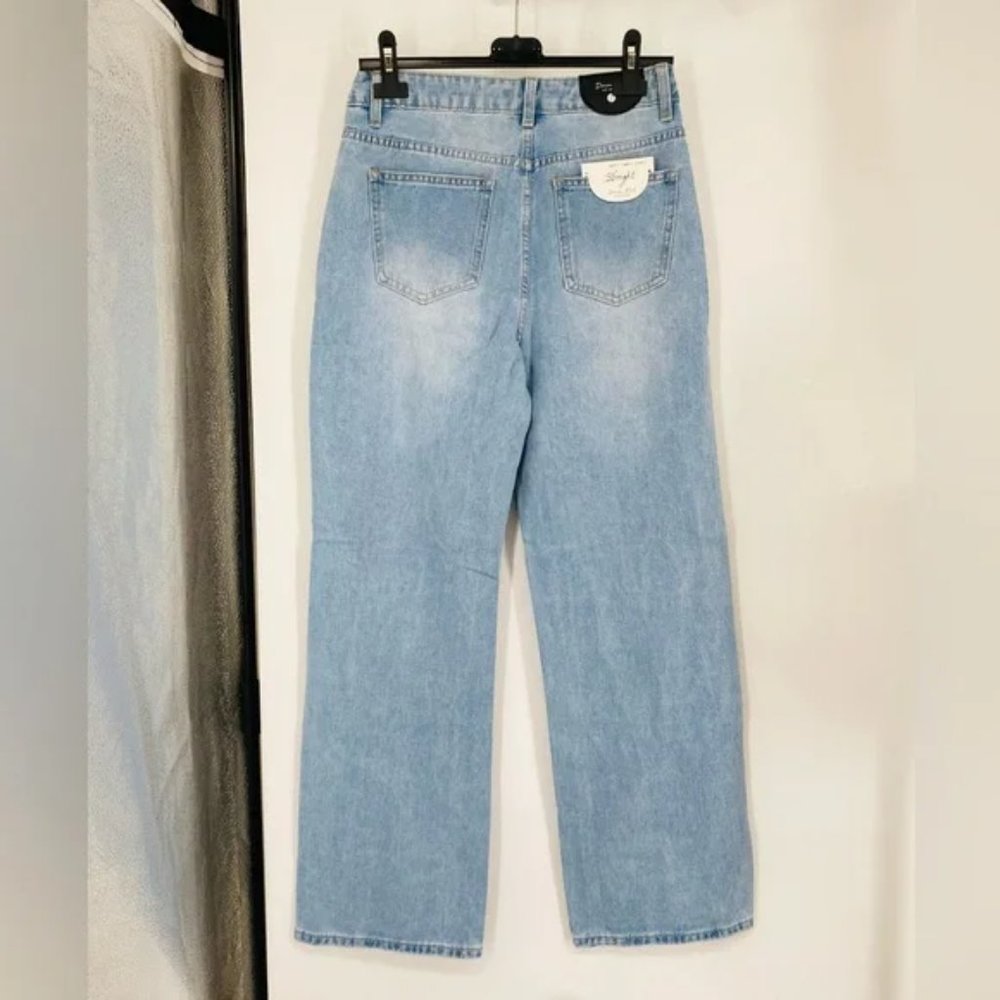 Blue High Waist Ripped Distressed Wide Leg Jeans Denim Pants - Picture 10 of 12